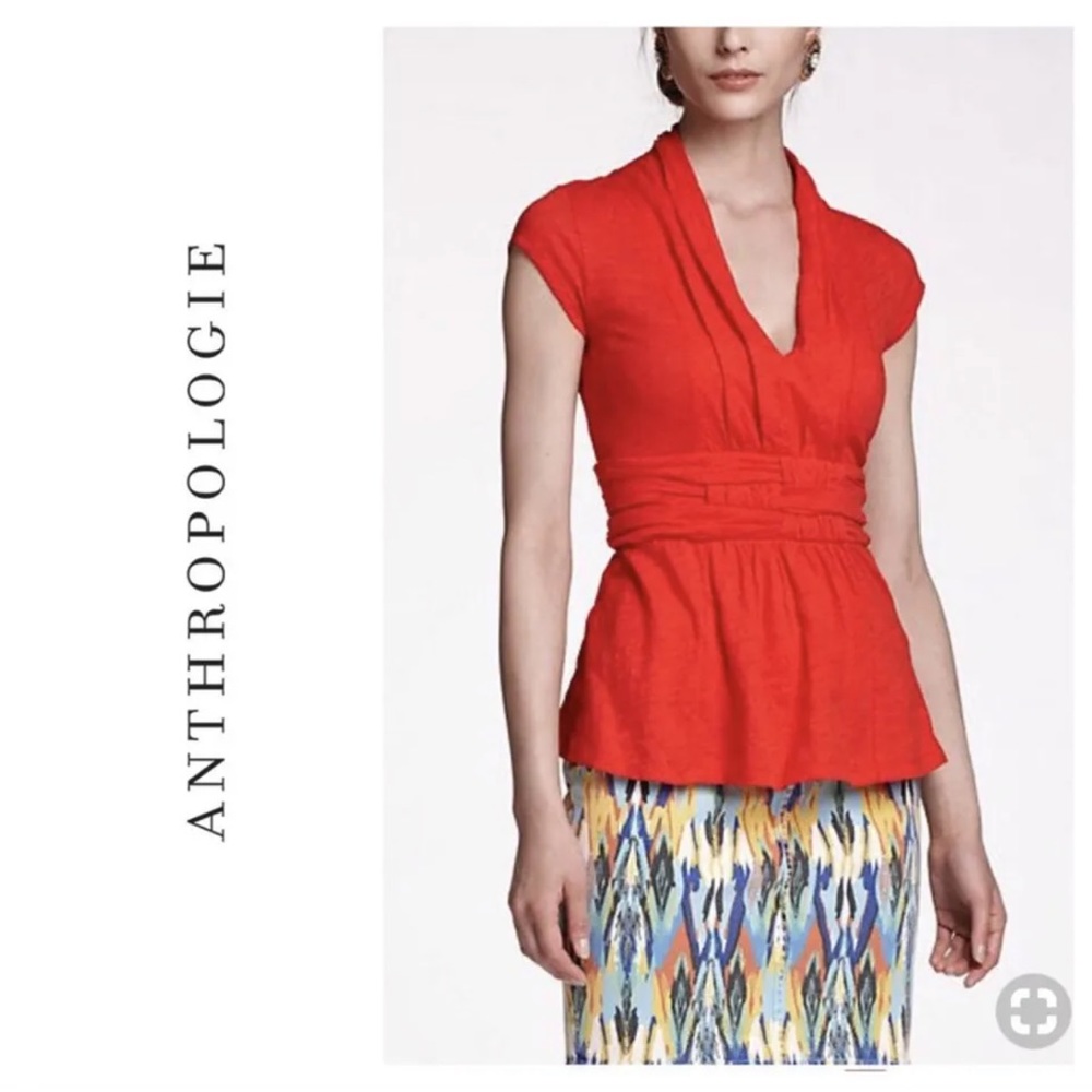 Anthropologie Deletta Waist Weaved Ruched Peplum V-Neck Cap Sleeve Top Medium